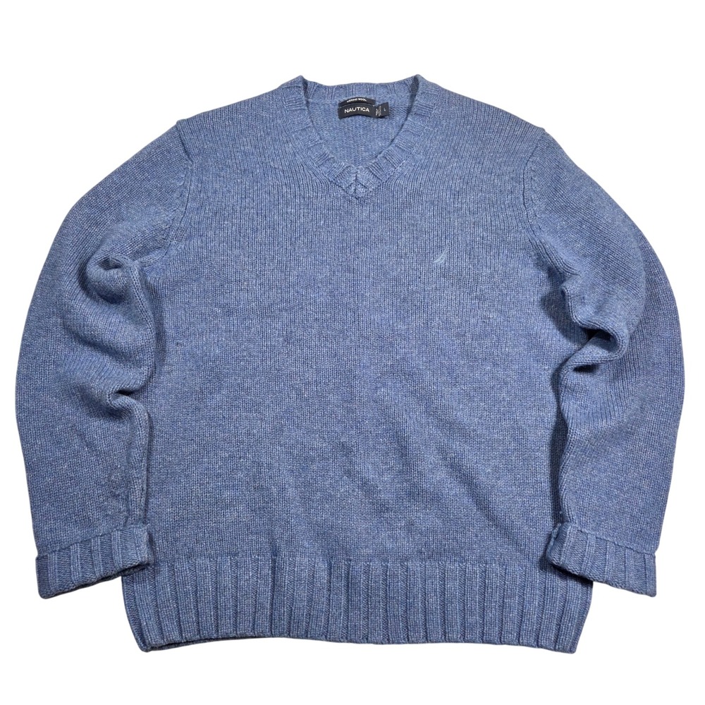 Nautica Men's Blue Merino Wool V Neck Knit Sweater Size L Nautical Preppy Career